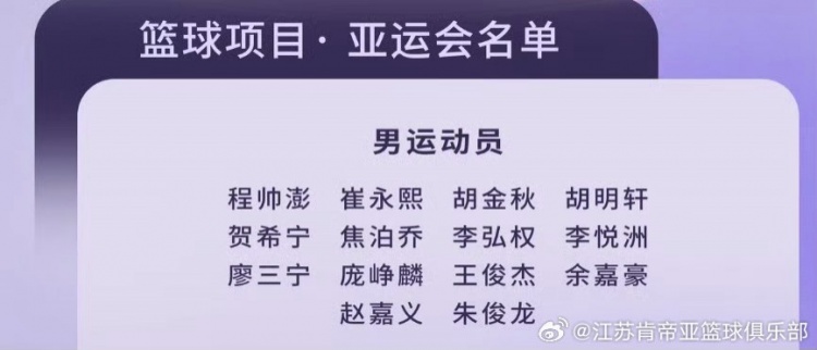 江苏肯帝亚球员庞峥麟随队出征，即将亮相亚运赛场！