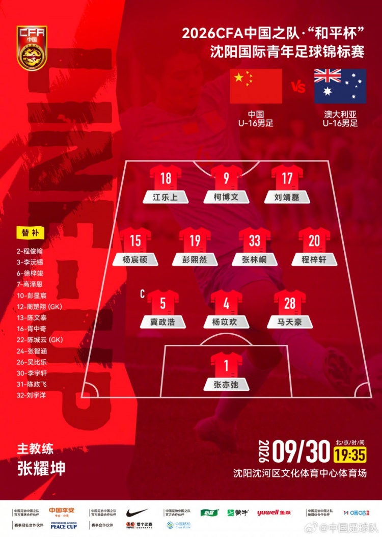 “和平杯”中国U16男足vs澳大利亚U16男足首发阵容公布！